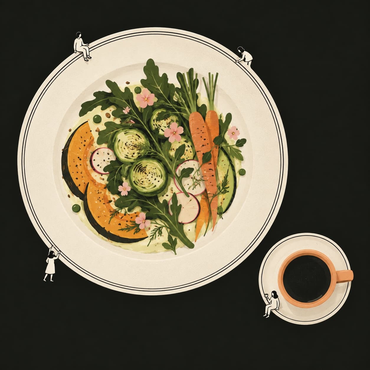 Illustration einer saisonalen Bowl und eines Kaffees, mit winzigen Menschen rund um einen Teller.